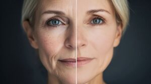 Depiction of aging process in woman’s face 